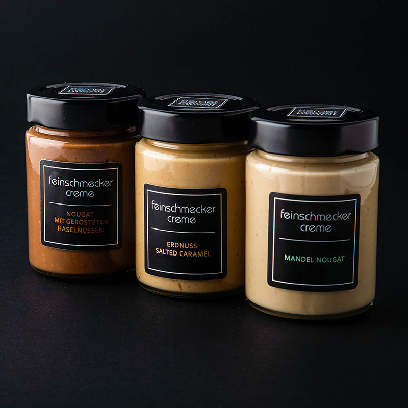 Drei Gläser Feinschmeckercreme, Nougat, Erdnuss Salted Caramel, Mandel Nougat
