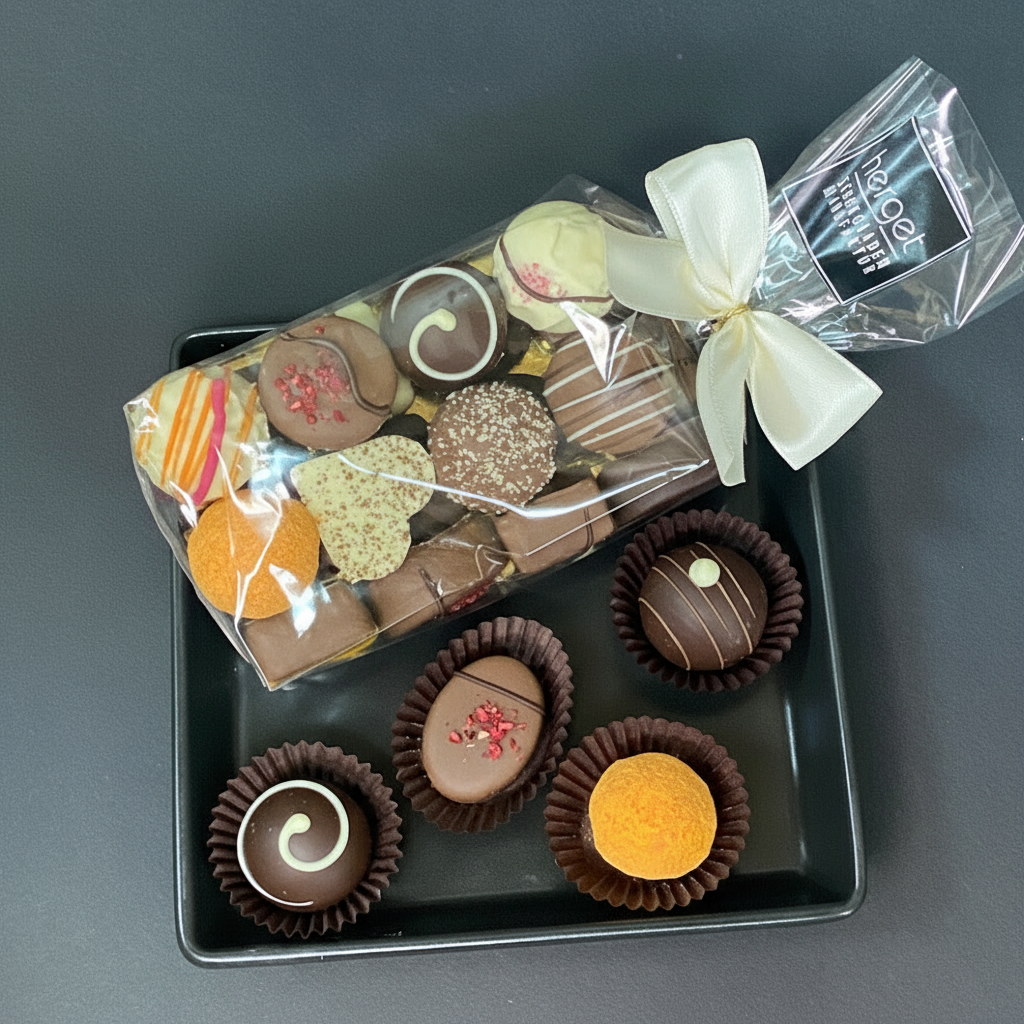 
                  
                    Gemischter Pralinenbeutel mit dunklem Hintergrund
                  
                